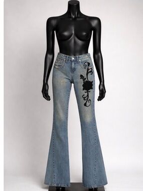 Le Jealous Stylish Blue Jeans with Black Floral Design size 40